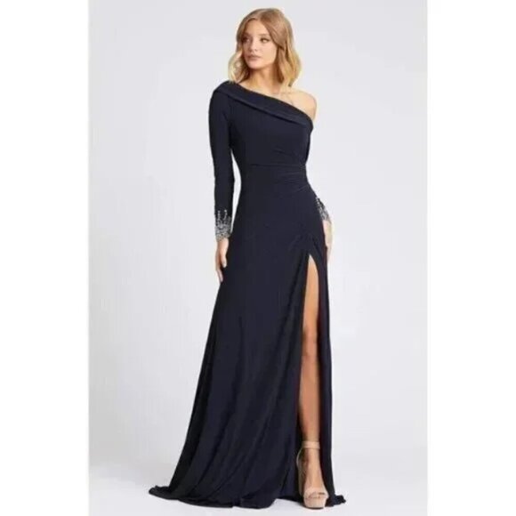 MAC DUGGAL One-Shoulder Long Sleeve Jersey Gown in Midnight Size US 8 - Picture 12 of 14